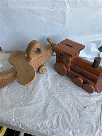 Antique wood, airplane, and train Piggy bank (L)
