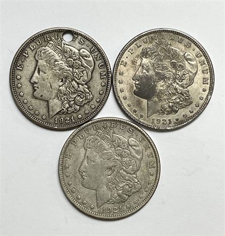 3 Morgan Silver Dollars, All 1921