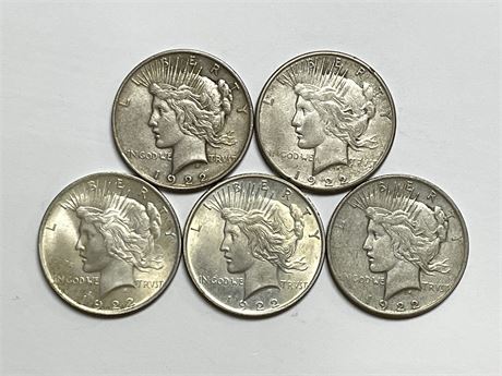 5 Peace Silver Dollars, All 1922
