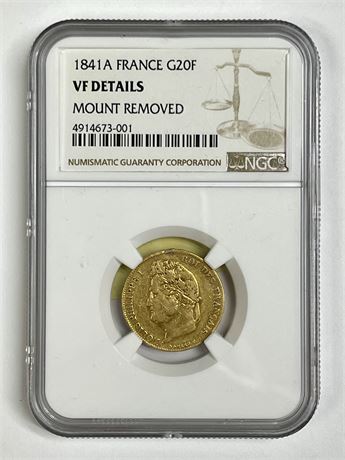 1841 A  France Gold 20 Franc, Mount Removed, NGC VF Details