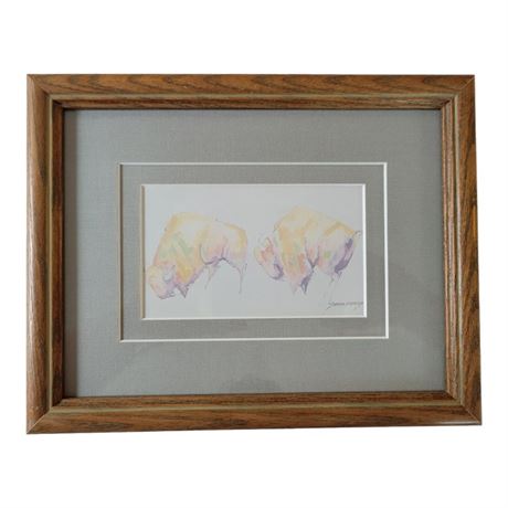 Watercolor Buffalo Pair Print Framed