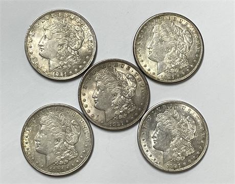 5 Morgan Silver Dollars, All 1921 P