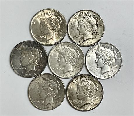 7 Peace Silver Dollars, Assorted