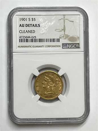 1901 S $5 Gold Liberty, Cleaned, NGC AU Details