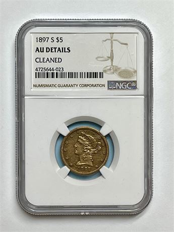 1897 S $5 Gold Liberty, Cleaned, NGC AU Details