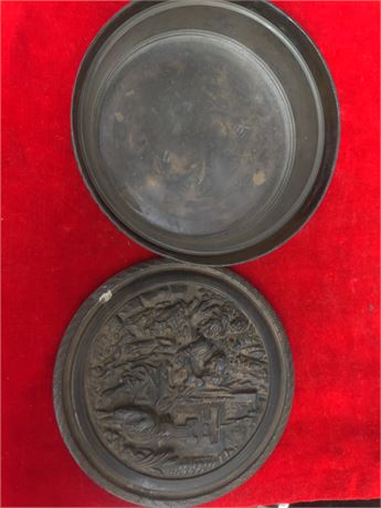 Vintage 4.5" Brass Grecian Romanic Relief Scene Powder Vanity Round Box Jar(R)